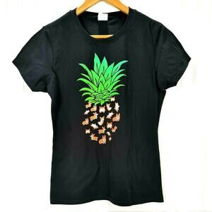 Port Company Corgi Dog Pineapple T Shirt Top Womens Sz Medium Black 100% Cotton